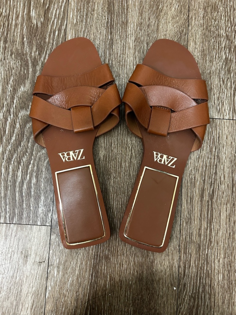 Zara Cognac Braided Leather Slide Sandals